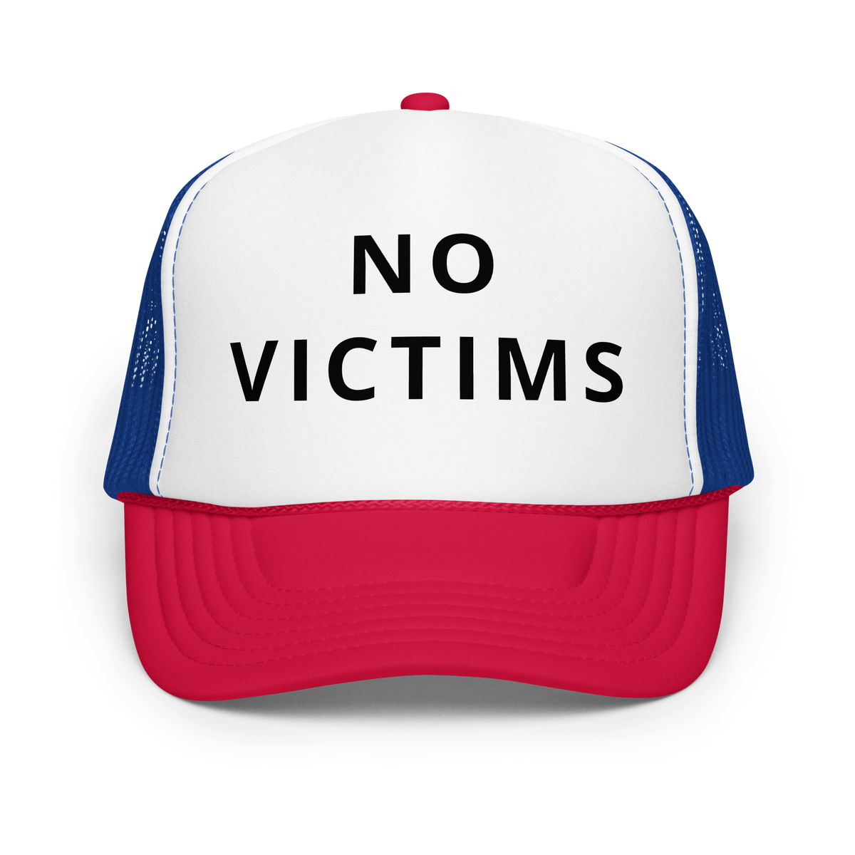 NO VICTIMS Foam Trucker Hat White / Royal / Red | 222 Threads