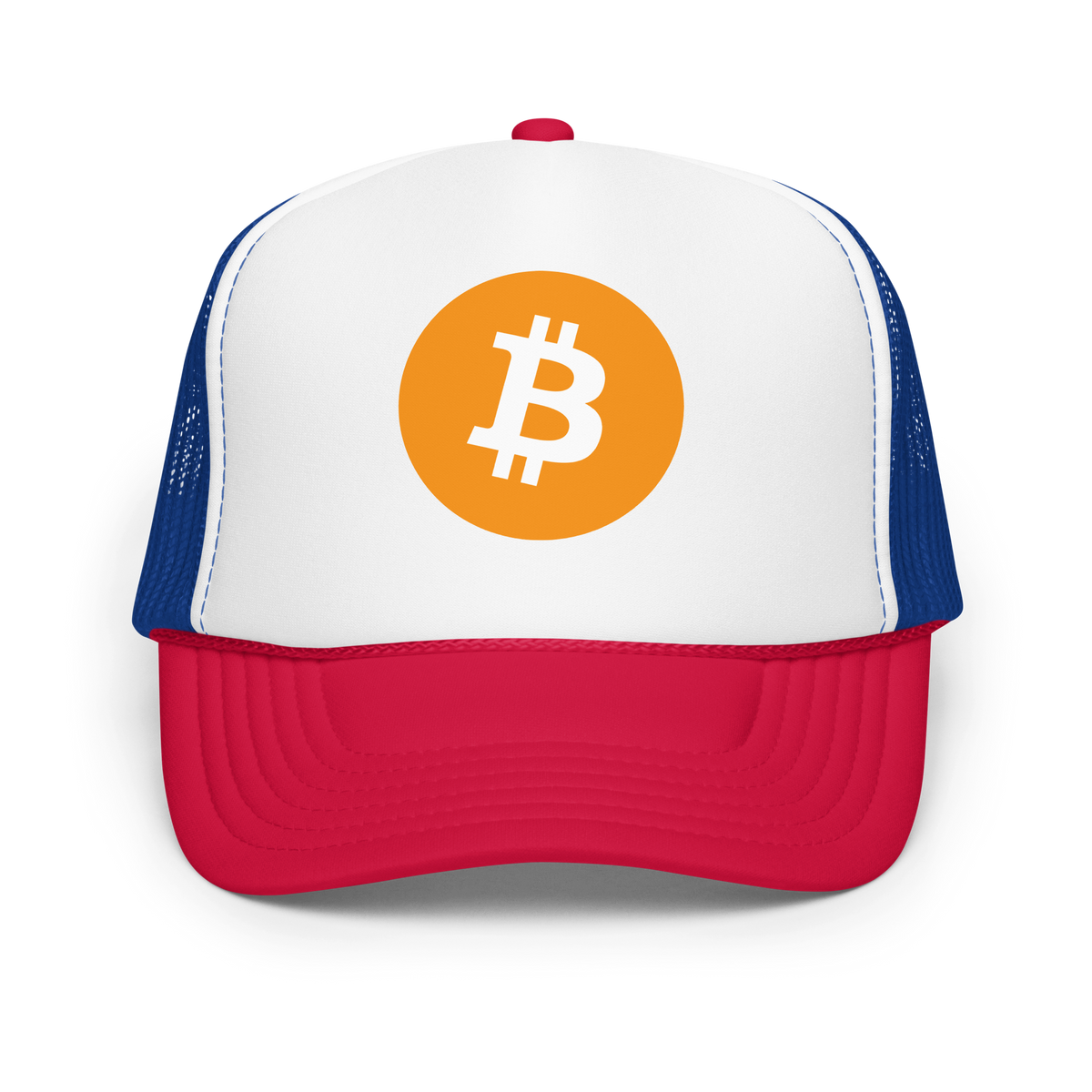 Bitcoin Foam Trucker Hat White / Royal / Red | 222 Threads