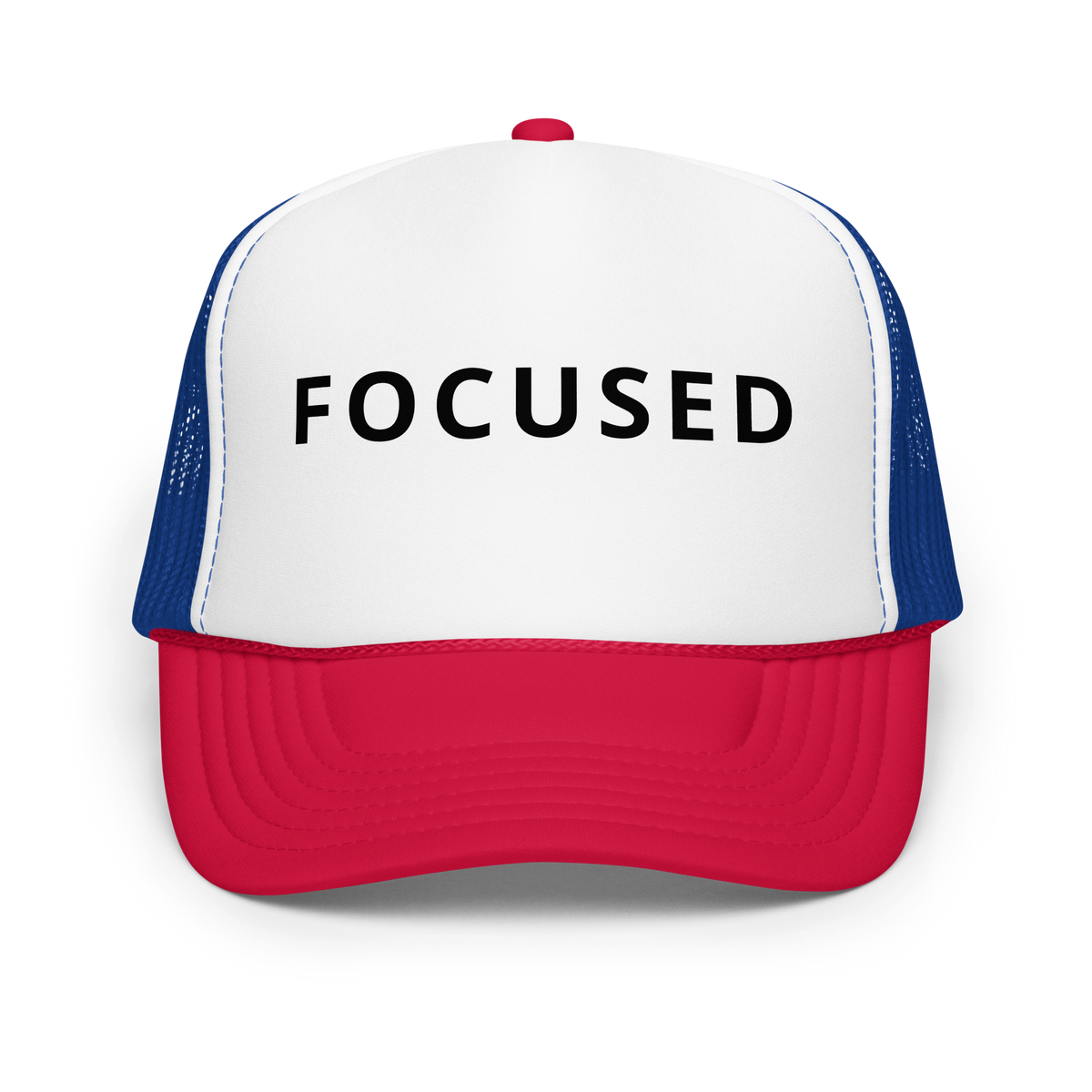 FOCUSED Foam Trucker Hat White / Royal / Red | 222 Threads