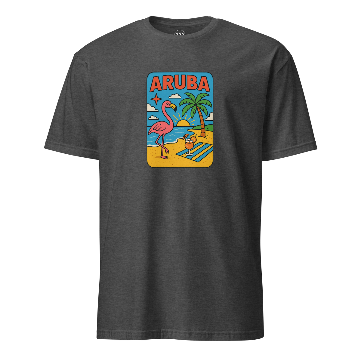Aruba Beach Flamingos T-Shirt Dark Heather Grey | 222 Threads