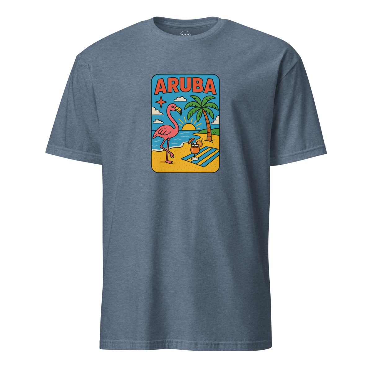 Aruba Beach Flamingos T-Shirt Heather Indigo | 222 Threads