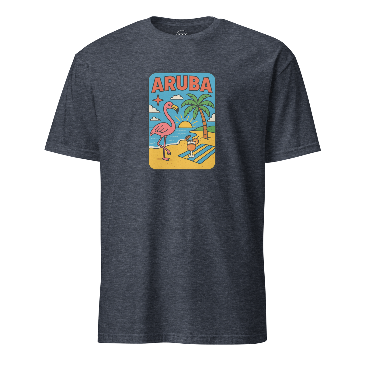 Aruba Beach Flamingos T-Shirt Heather Navy | 222 Threads