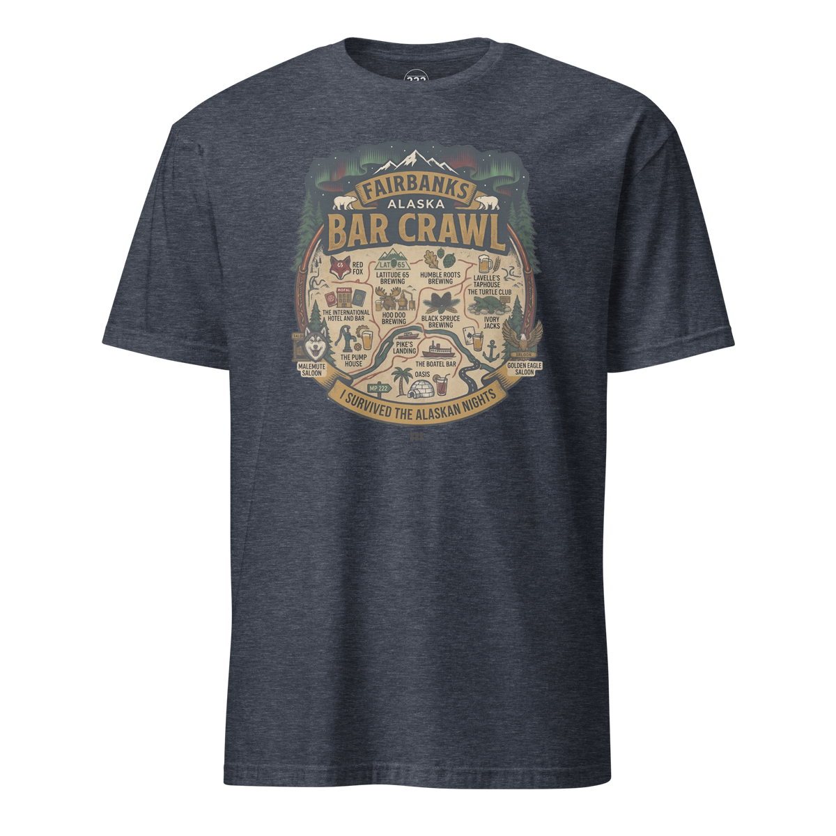 Fairbanks Bar Crawl T-Shirt Heather Navy | 222 Threads