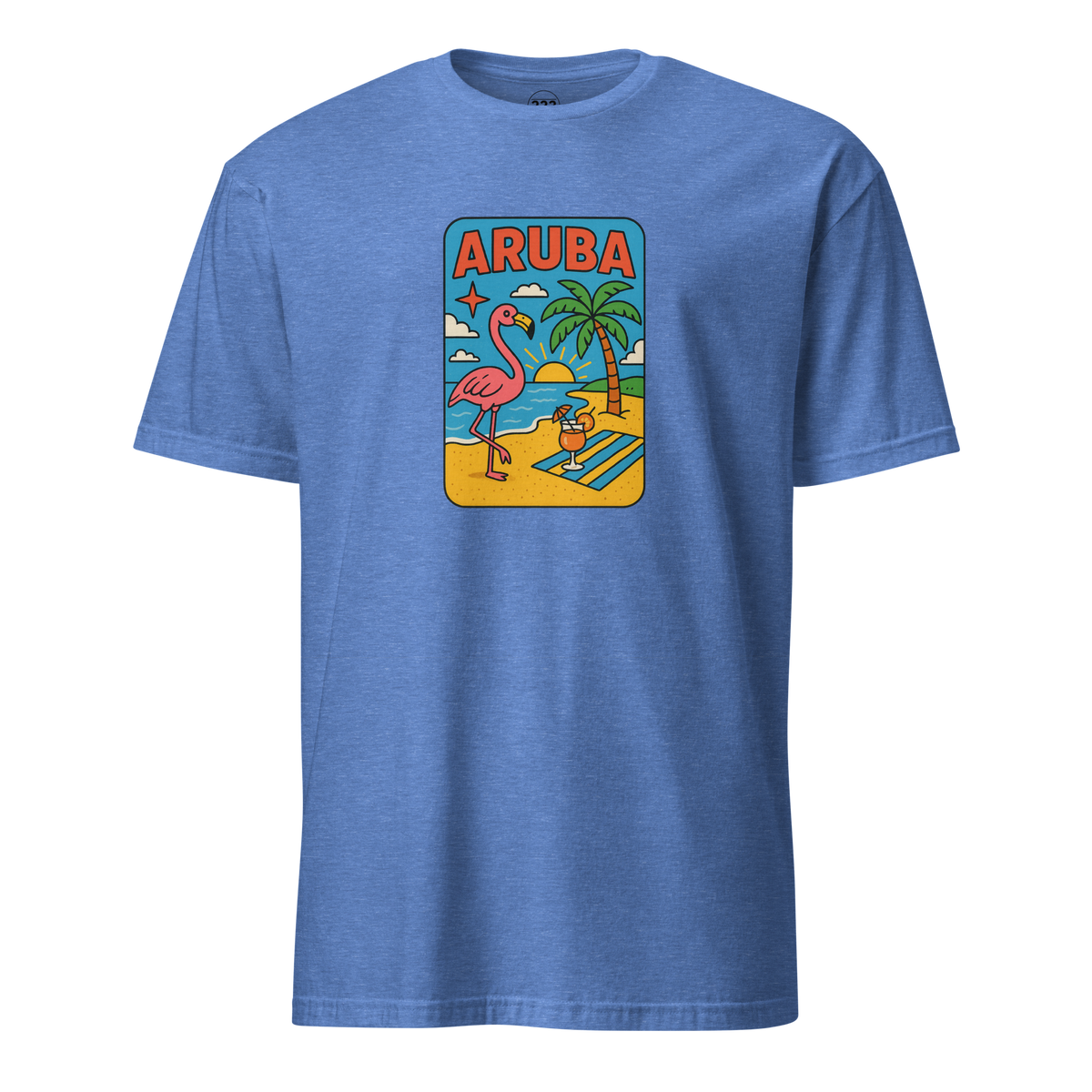 Aruba Beach Flamingos T-Shirt Heather Royal | 222 Threads