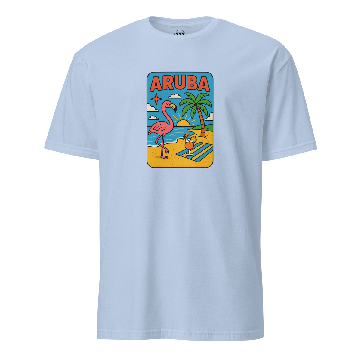 Aruba Beach Flamingos T-Shirt Light Blue | 222 Threads